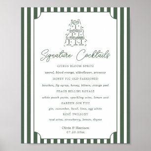 Affiche Panneau de cocktails signature Preppy rayé vert
