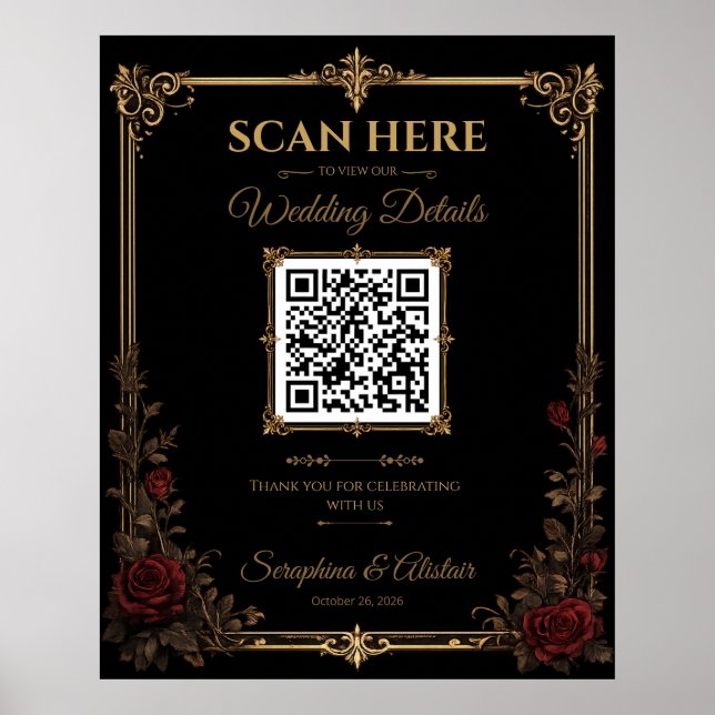 Affiche Panneau de code QR de mariage gothique élégant et  (Devant)