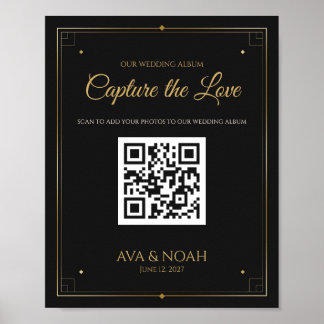 Affiche Panneau de code QR de mariage noir et or, scannez 