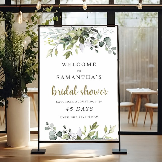 Affiche Panneau de compte à rebours de la fête prénuptiale (Greenery foliage boho bridal shower countdown sign)