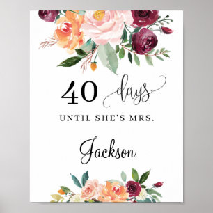Affiche Panneau de compte à rebours floral bordeaux blush 