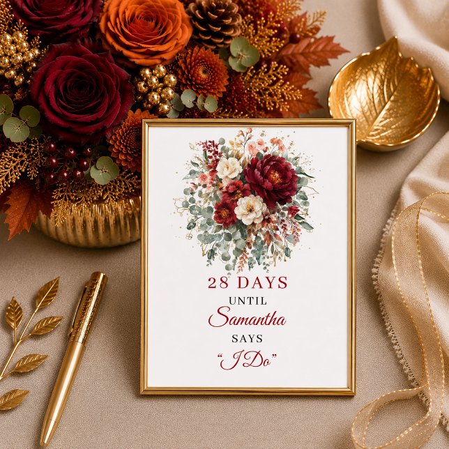 Affiche Panneau de compte à rebours pour une fête prénupti (Deep red boho floral bridal shower countdown sign

)