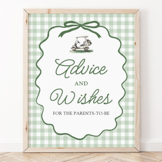 Affiche Panneau de conseils et de vœux de golf à nœud papi (Sage Green Gingham Bow Golf Advice and Wishes Sign)