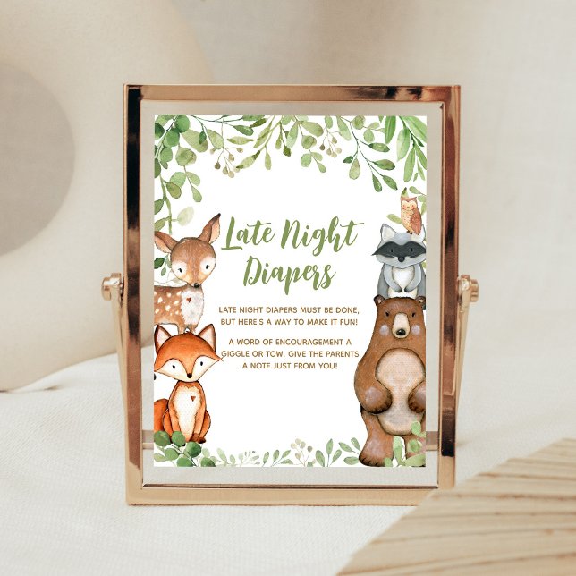 Affiche Panneau de Couches de Nuit de Douche de Bois de Ve (Woodland Animals Baby Shower Late Night Diapers Sign)