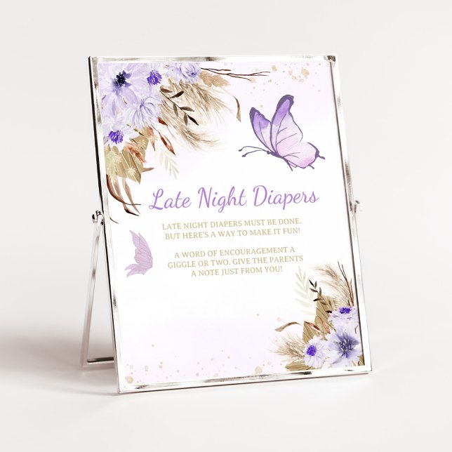 Affiche Panneau de Couches de Nuit de Fête de Bébé Papillo (Purple Butterfly Baby Shower Late Night Diapers Sign)