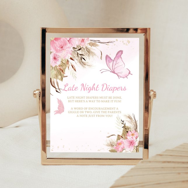 Affiche Panneau de Couches de Nuit Fleurie Papillon pour B (Pink Butterfly Baby Shower Late Night Diapers Sign)