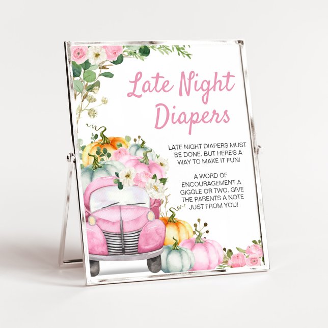 Affiche Panneau de Couches de Nuit Rose Camion Citrouille  (Little Pumpkin Pink Truck Baby Shower Late Night Diapers Sign)