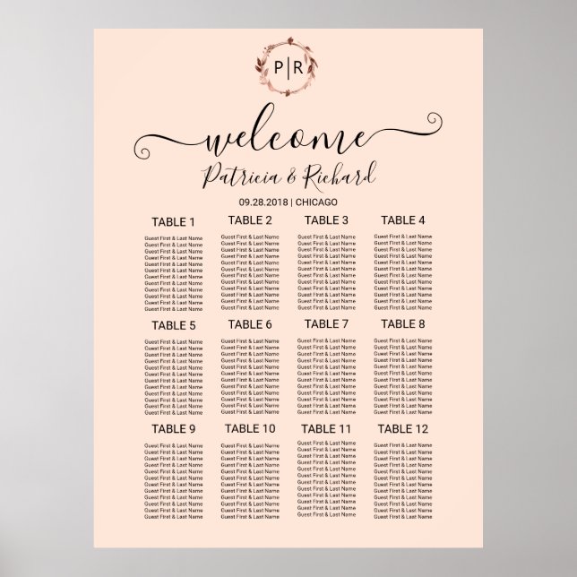 Affiche Panneau de disposition de mariage à monogramme en  (Devant)