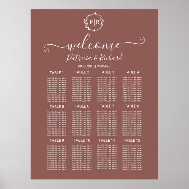 Affiche Panneau de disposition de mariage à monogramme en  (Devant)