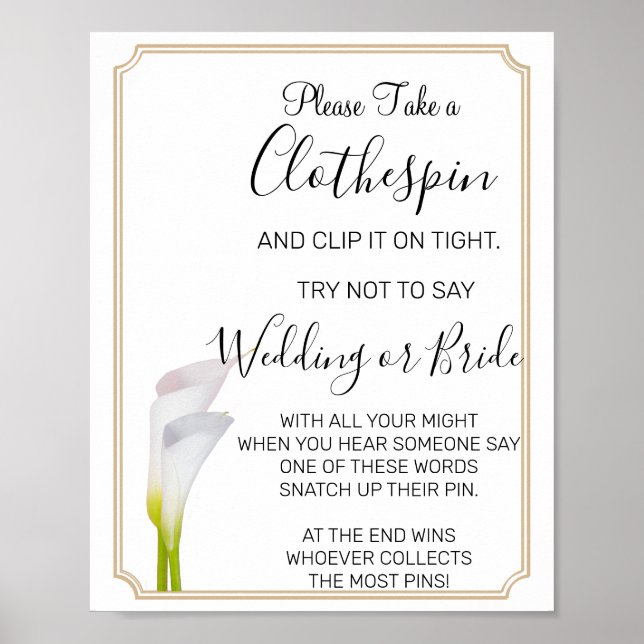 Affiche Panneau de douche nuptiale Calla Lilies Clothespin (Devant)