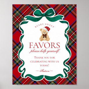Affiche Panneau de faveur de fête de Noël en tartan rouge 