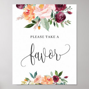 Affiche Panneau de faveur floral bordeaux rouge automne