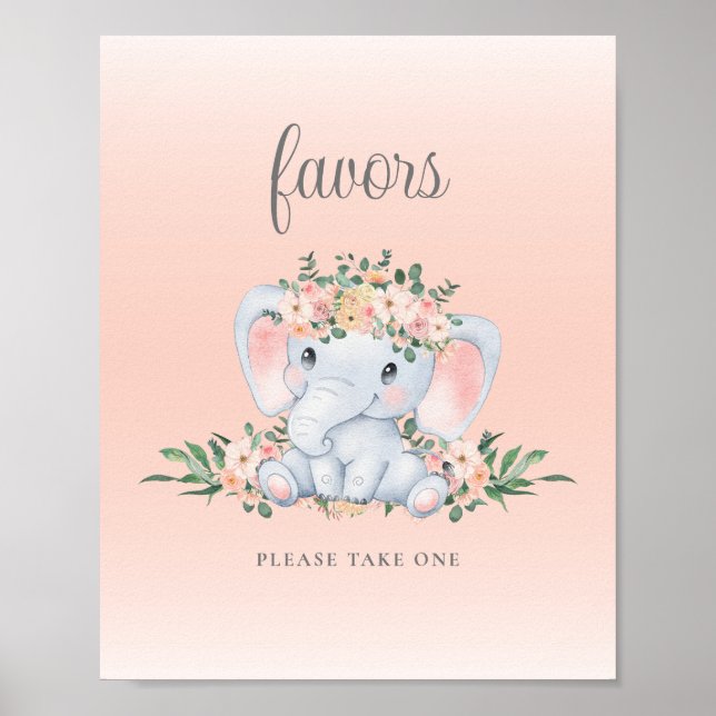 Affiche Panneau de Faveurs de Baby Shower Fille à l'Élépha (Devant)