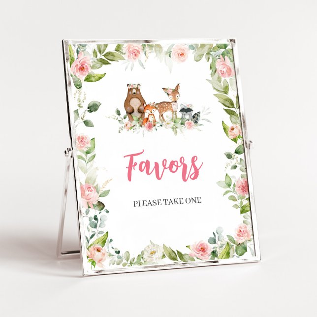 Affiche Panneau de Faveurs de Baby Shower Floral en Forêt (Girl Woodland Animals Baby Shower Favors Sign)