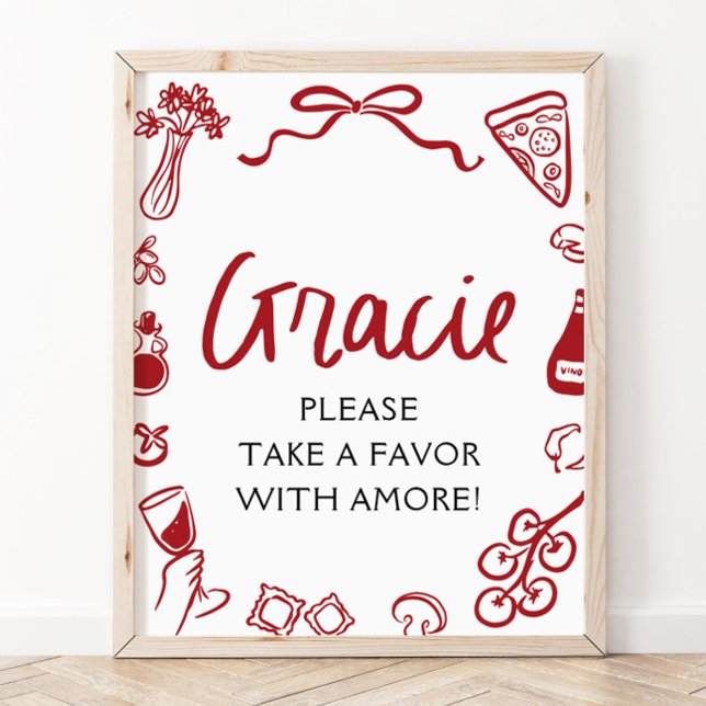 Affiche Panneau de faveurs de pizza et de pâtes italiennes (Red Italian Hand Drawn Pizza Pasta Favors Sign)