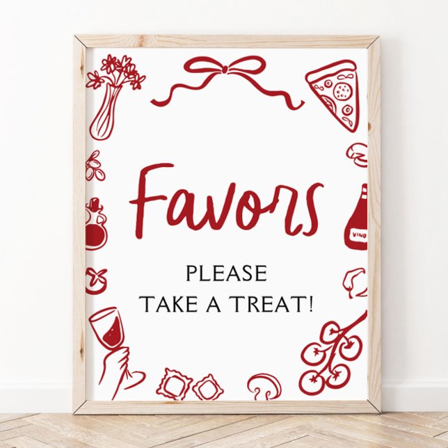 Affiche Panneau de faveurs de pizza et de pâtes italiennes (Red Italian Hand Drawn Pizza Pasta Favors Sign)