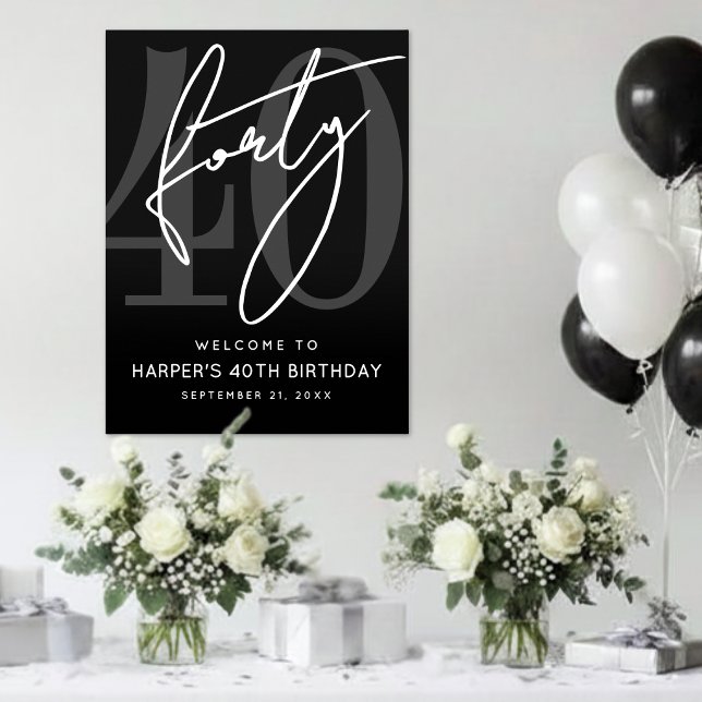 Affiche Panneau de fête d'anniversaire 40 ans noir (Black 40th Birthday Party Sign )