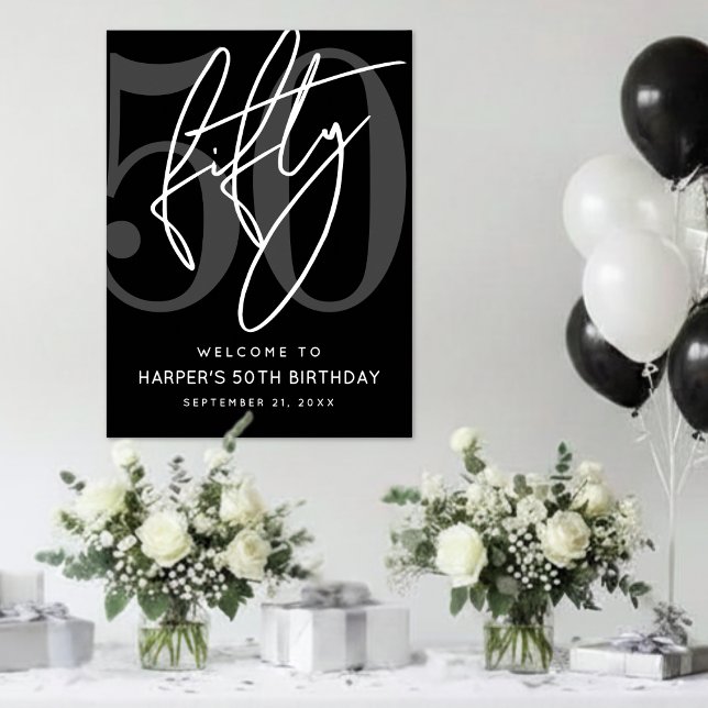 Affiche Panneau de fête d'anniversaire 50 ans noir (Black 50th Birthday Party Sign)