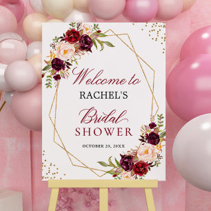 Affiche Panneau de Fête de Mariage à Cadre Doré et Fleurs 