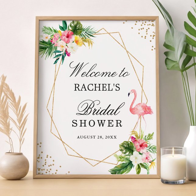 Affiche Panneau de Fête de Mariage Flamingo Or Floral Trop (Créateur téléchargé)