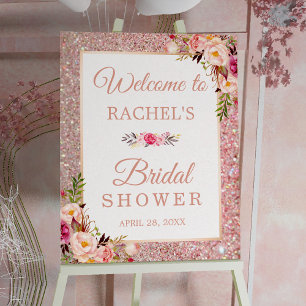 Affiche Panneau de Fête de Mariage Floral Pailleté Or Rose