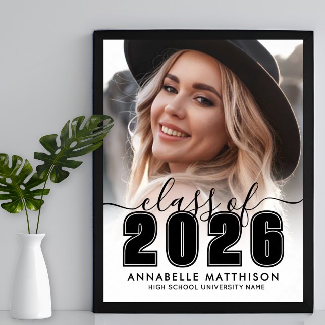 Affiche Panneau de fête de remise de diplôme en noir et bl (Photo Black White Graduation Party Sign)