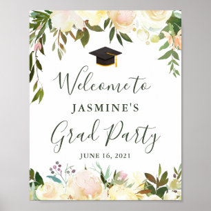 Affiche Panneau de fête de remise des diplômes floral blan