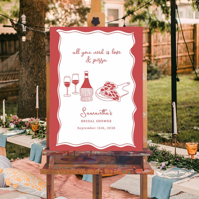 Affiche Panneau de Fête des mariées à vin de pizza italien (Hand Drawn Italian Pizza Wine Bridal Shower Sign)