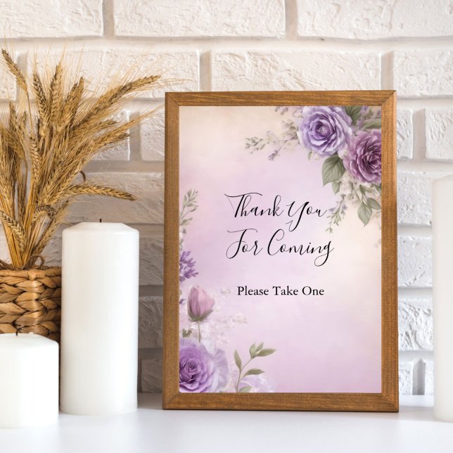Affiche Panneau de Fête des mariées florale violet Favoris (Purple watercolor floral Bridal Shower Wedding Shower Favor table sign)