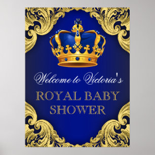 Affiche Panneau de Fête Prénatale Bébé Prince Or Bleu Roya