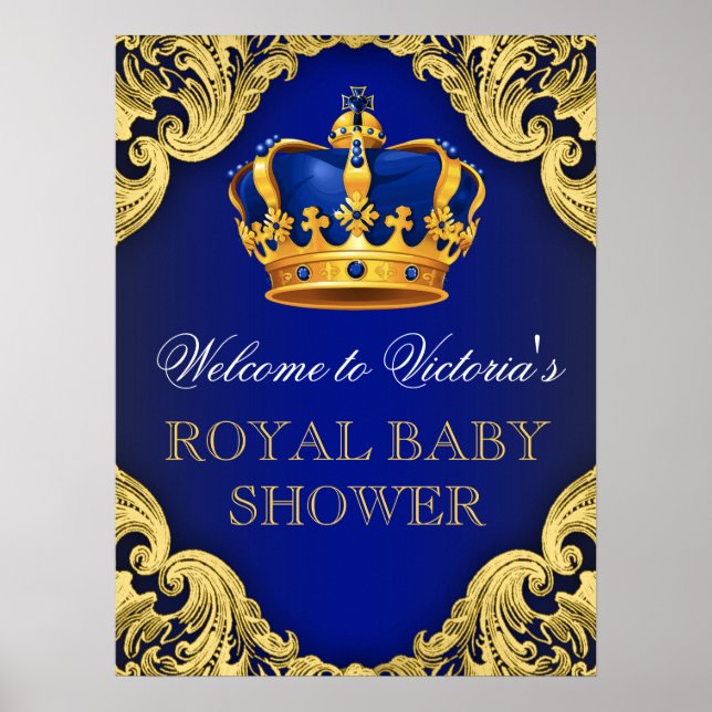 Affiche Panneau de Fête Prénatale Bébé Prince Or Bleu Roya (Devant)