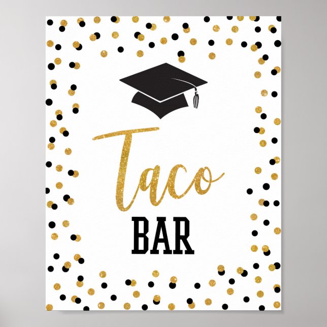 Affiche Panneau de Graduation Bar Taco Noir Gold Confetti (Devant)