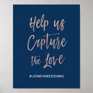 Affiche Panneau de hashtag de mariage chic et glamour Navy