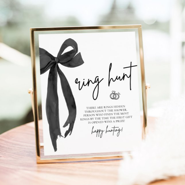 Affiche Panneau de jeu de chasse aux alliances de fiançail (Modern Black Bow Ring Hunt Bridal Shower Game Sign)
