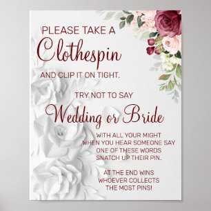 Affiche Panneau de jeu de mariage avec pince à linge aquar