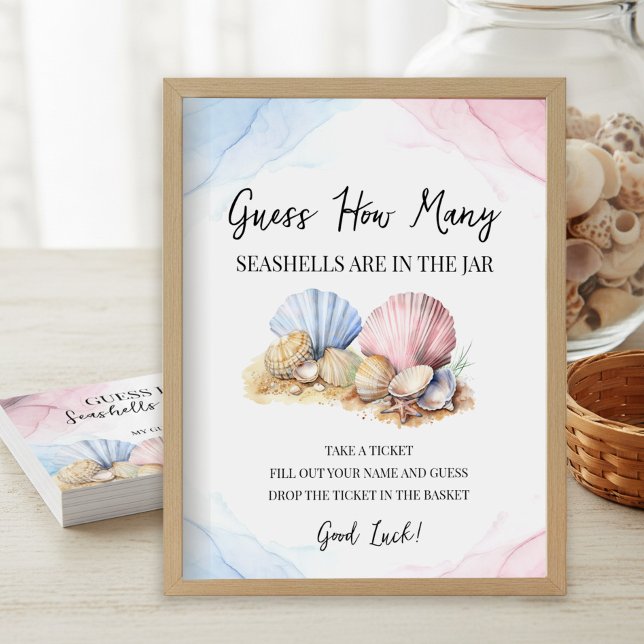 Affiche Panneau de jeu de révélation du sexe « Devinez com (Guess how Many game poster from the Coastal Gender Reveal - We Shell Sea collection by Darling & May)