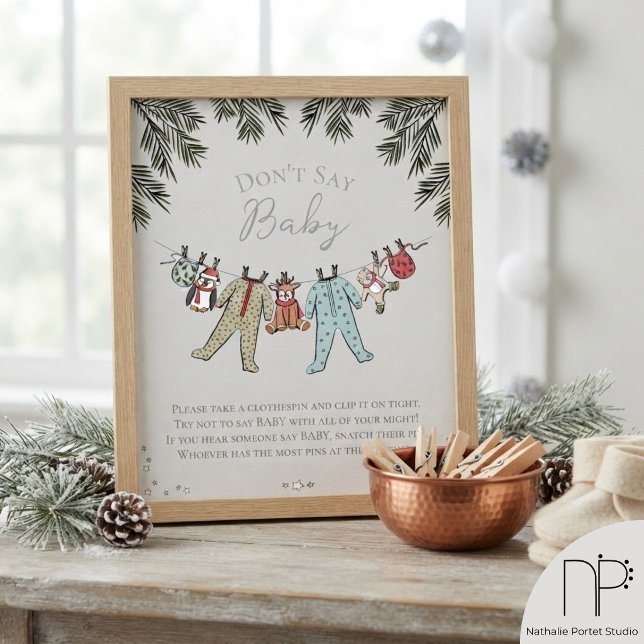 Affiche Panneau de jeu pour Baby Shower d'hiver N'interdit (Features fine-line clothesline baby pajamas ink art with pine branches for gray winter shower games)