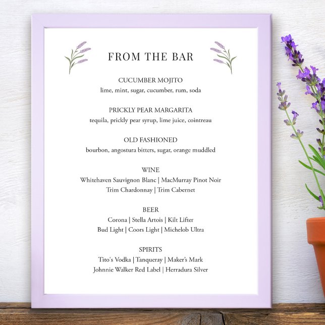 Affiche Panneau de la barre de Mariage florale Lavender (Lavender Floral Wedding Bar Sign by Fiesta Valley Print)