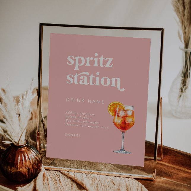 Affiche Panneau de la station Mariage Spritz - Été rose (Retro Summer Pink Wedding Spritz Station Sign)