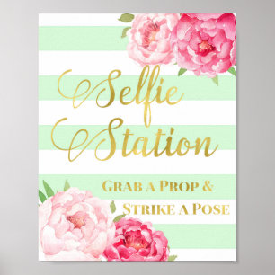 Affiche Panneau de la Station Selfie Fleurs Roses Or Mint
