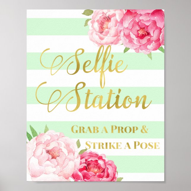 Affiche Panneau de la Station Selfie Fleurs Roses Or Mint  (Devant)