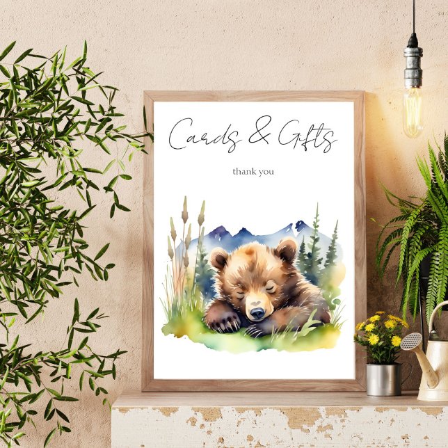 Affiche Panneau de la table baby shower de l'ours d'attent (Bearly wait bear baby shower table sign cards and gifts cute baby bear cub table sign)