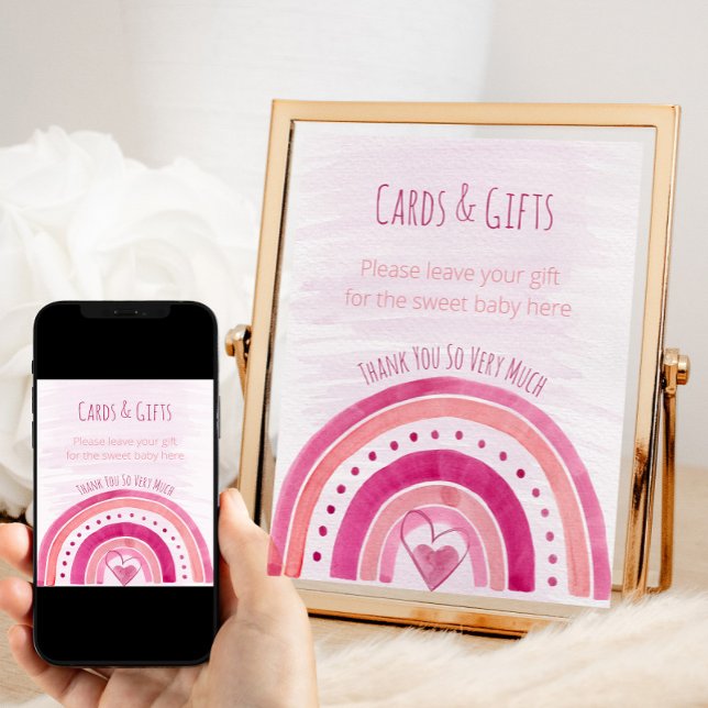 Affiche Panneau de la table cadeau Baby shower rose arc-en (Pink Rainbow girl baby shower cards and gifts sign)