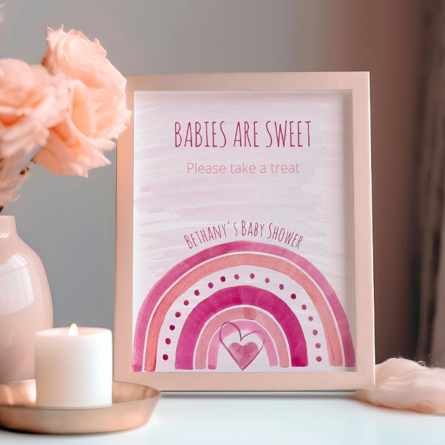 Affiche Panneau de la table de préférence Baby shower rose (Rainbow baby shower favor table sign - babies are sweet, please take a treat - fully editable)