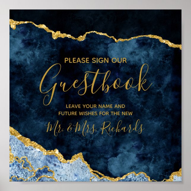 Affiche Panneau de la table Mariage Marine Blue Gold Foil (Devant)