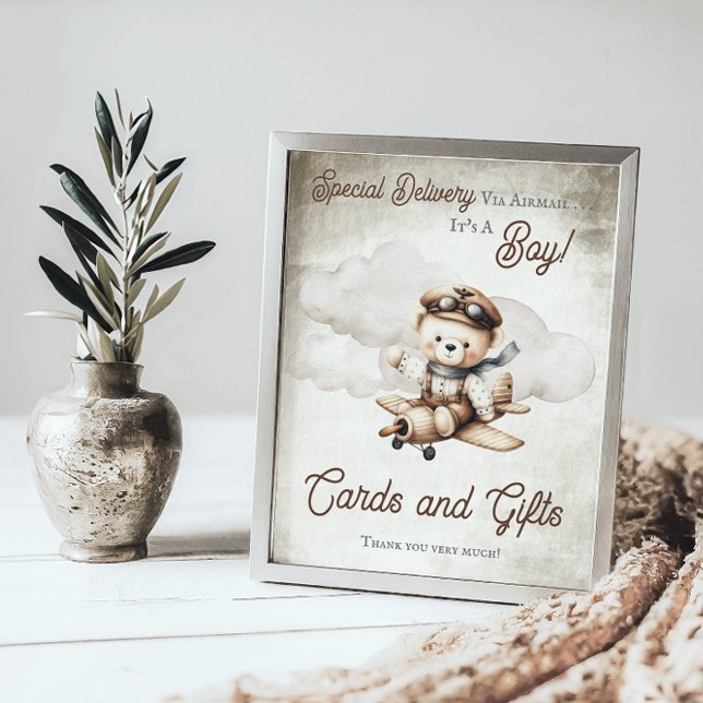 Affiche Panneau de l'avion Teddy Bear Douche Cartes et Cad ("Special Delivery Via Airmail  It's A Boy!" Teddy Bear Airplane Baby Shower Cards and Gifts Sign)