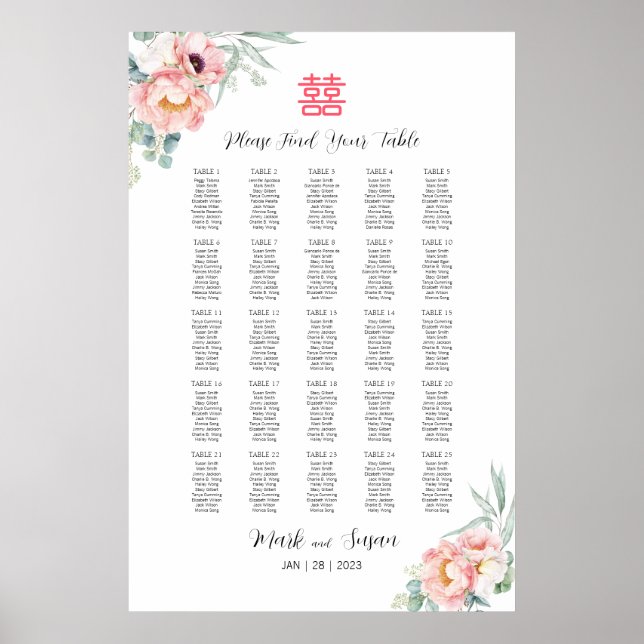 Affiche Panneau de liste d'invités de mariage Double Bonhe (Devant)