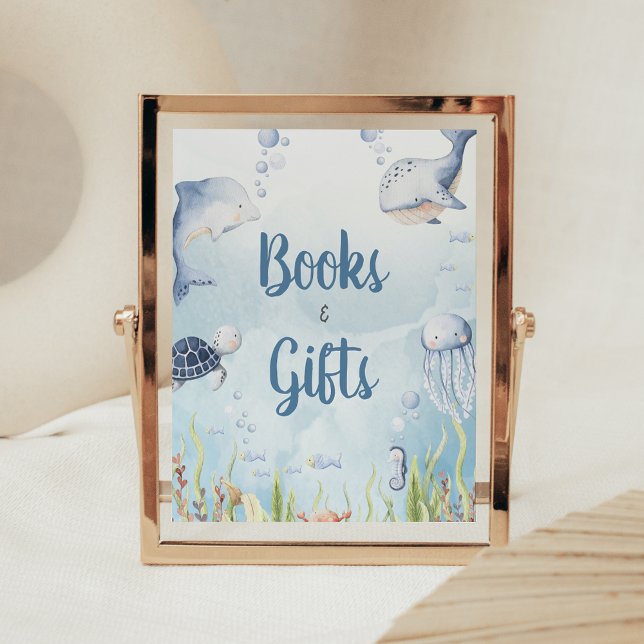 Affiche Panneau de livres et cadeaux de douche Bleu sous l (Under the Sea Baby Shower Sign)