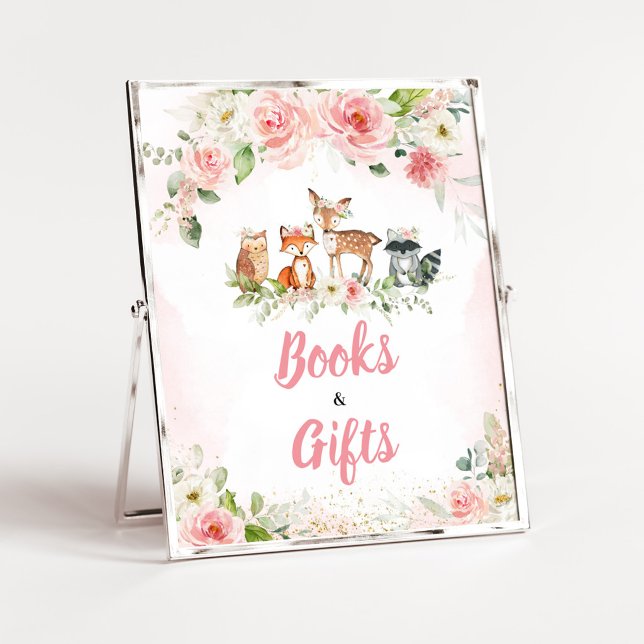 Affiche Panneau de livres et cadeaux de douche florale ros (Girl Woodland Animals Baby Shower Books and Gifts Sign)
