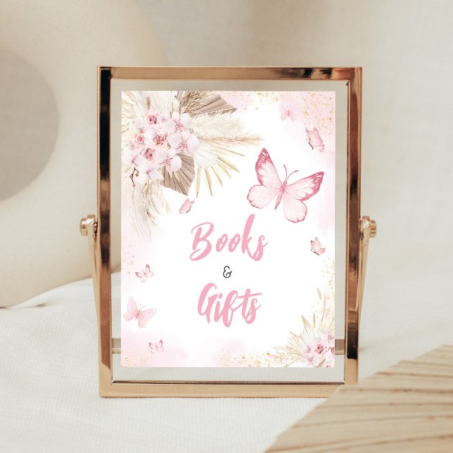 Affiche Panneau de livres et cadeaux pour Baby Shower Papi (Girl Butterfly Pampas Grass Baby Shower Books and Gifts Sign)